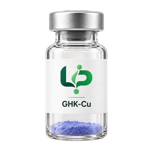 GHK-Cu, powder, reviewed representative appearance; fill is illustrative